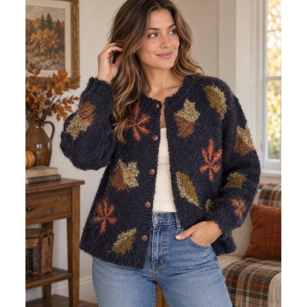 Vintage Mandal Bay 90s Mohair Blend Leaf Cardigan Sweater Navy Blue XL Autumn